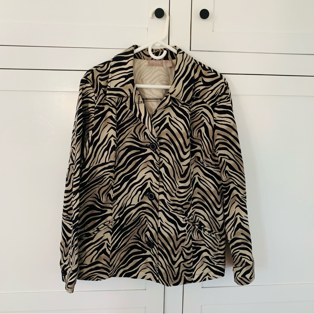 Chicos Zebra Print Stretch Button Jacket Size XL